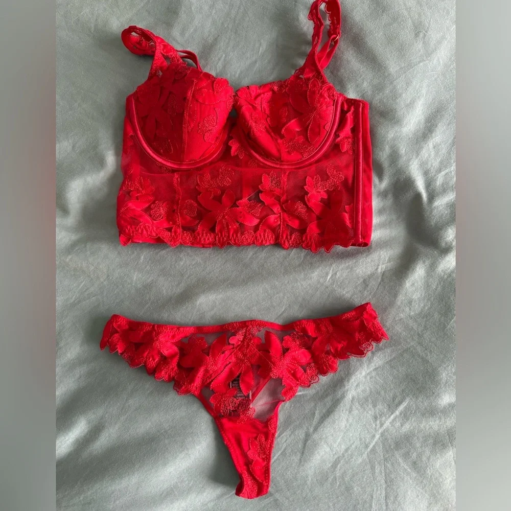 Red Lace Longline Bra & Thong Set - Women Intimates